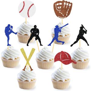 24Pcs Glitter Baseball Cupcake Toppers for Baseball Party Decorations, Baseball Player Cupcake Toppers  Baseball Theme Cake Topper Baby Shower Party Decorations