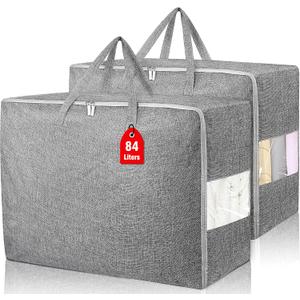 84L Extra Large Storage Bags, Folding Moving Comforter Blanket Storage Bags Closet Organizers and Storage Containers for Clothes with Strong Handles&Zippers Clear Window for Bedding Pillow Grey 2Pack