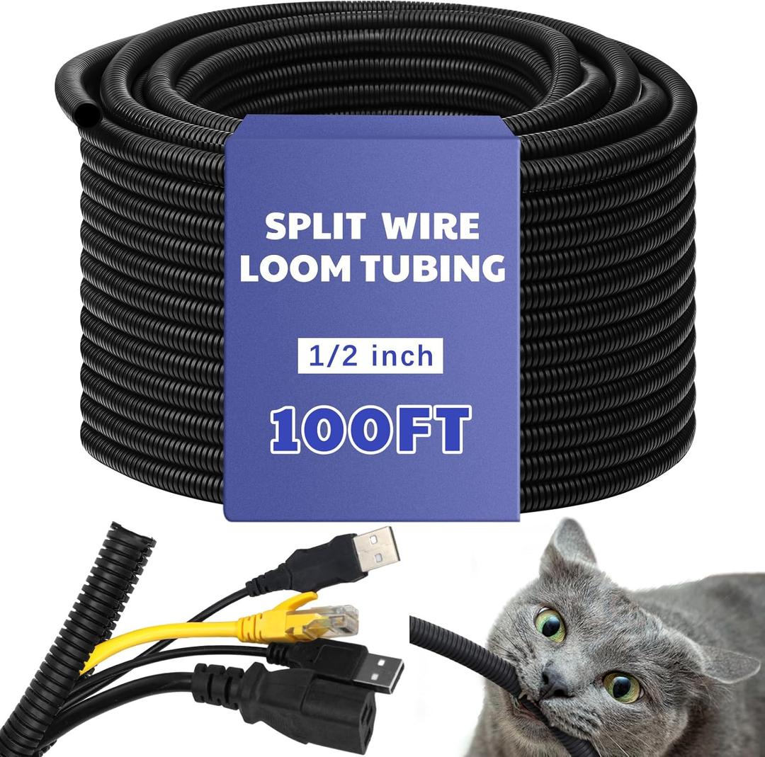Kanayu Split Flame Retardant Wire Loom High Temperature Cable Conduit Split Cable Sleeves Loom Tubing Auto Wire Conduit for Industrial Electrical Automotive Marine(1/2''-100 ft,Black)