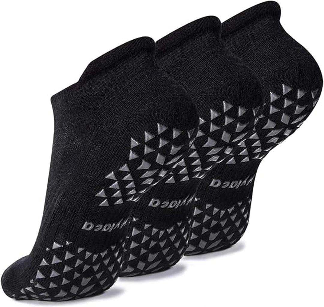 Hylaea Unisex Non Slip Socks with Grip for Yoga, Hospital, Pilates, Barre | Ankle, Cushioned (3 Pairs Black) L/XL
