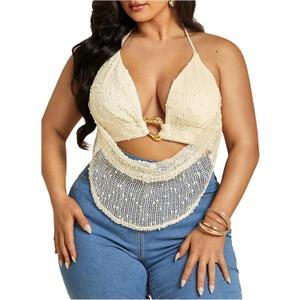 Women's Plus Size Textured Halter Top Metal Ring Open Back Sleeveless Y2K Party Tops Clubwear (White, XXXL)