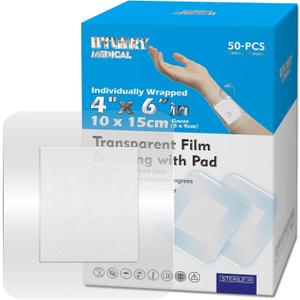 Waterproof Transparent Film Dressing with Absorbent Pad 50-Pack Sterile Adhesive Bandages Post-Surgical Wound Cover, Protective Barrier for Sensitive Skin (4''x6'')