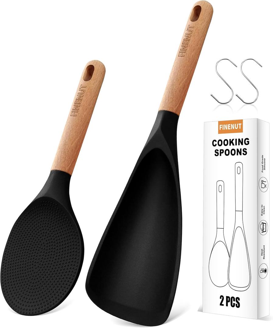 Cooking Spoon Multifunction Spoonula Silicone Spatula Spoon 2-Pack, Dual-Use Heat Resistant 446F, BPA-Free Non-Toxic Wooden Handle Rice Spoon Set for Non-Stick Cookware & Rice Cookers (Black)