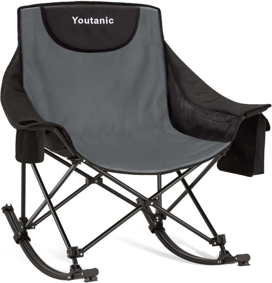 Oversized Folding Rocking Camping Chair, Padded Portable Rocking Chair with Pockets, Cup Holder and Carry Bag, Heavy Duty Outdoor Rocker Patio Chair for Garden, Lawn, Yard, Up to 400lbs, Gray