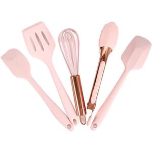 Collfa Rose Gold And Pink Kitchen Utensil Small Five-Piece Set Mini Silicone Kids Kitchen Tools Whisk Spatula Tongs Spoon And Slotted Spatula(Kids Baking Supplies)