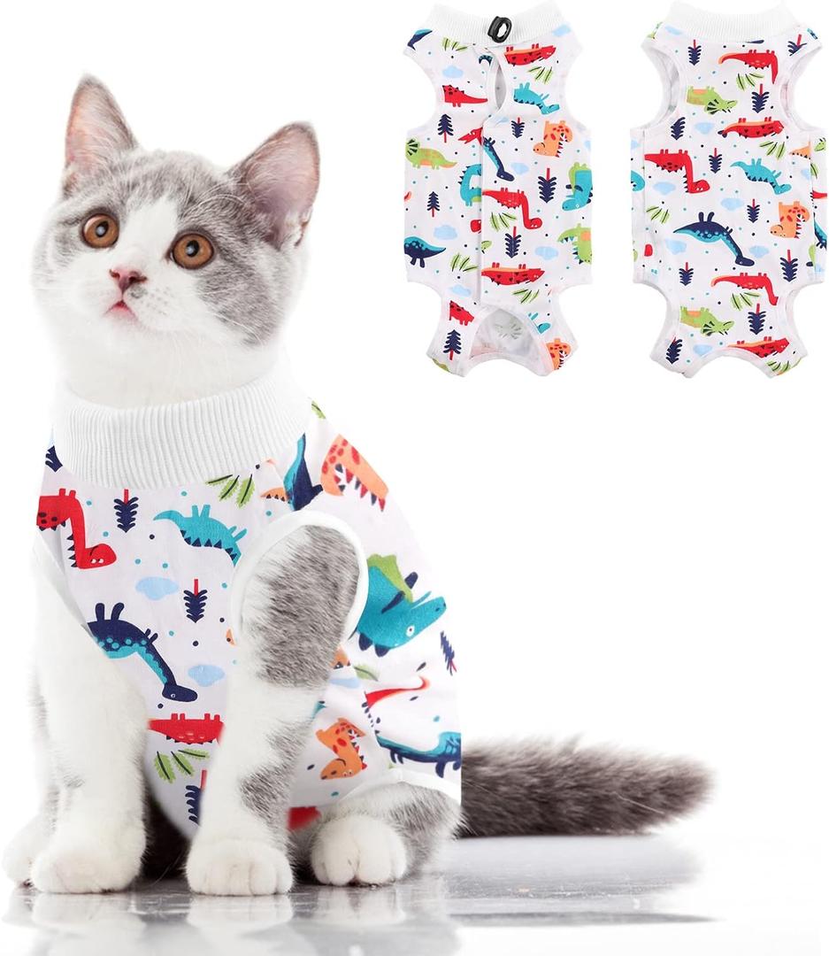 SUNFURA Cat Recovery Suit, Kitten Surgical Full Bodysuit for Abdominal Wound Protector Anti Licking After Surgery, Professional Bandages Cone E-Collar Alternative for Small Male & Female Pets (Colorful Dino), M 