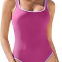 AI'MAGE Womens One Piece Swimsuit Ribbed High Cut Bathing Suit Color Block Sport Swimwear with Adjustable Strap, Rose Red, XL