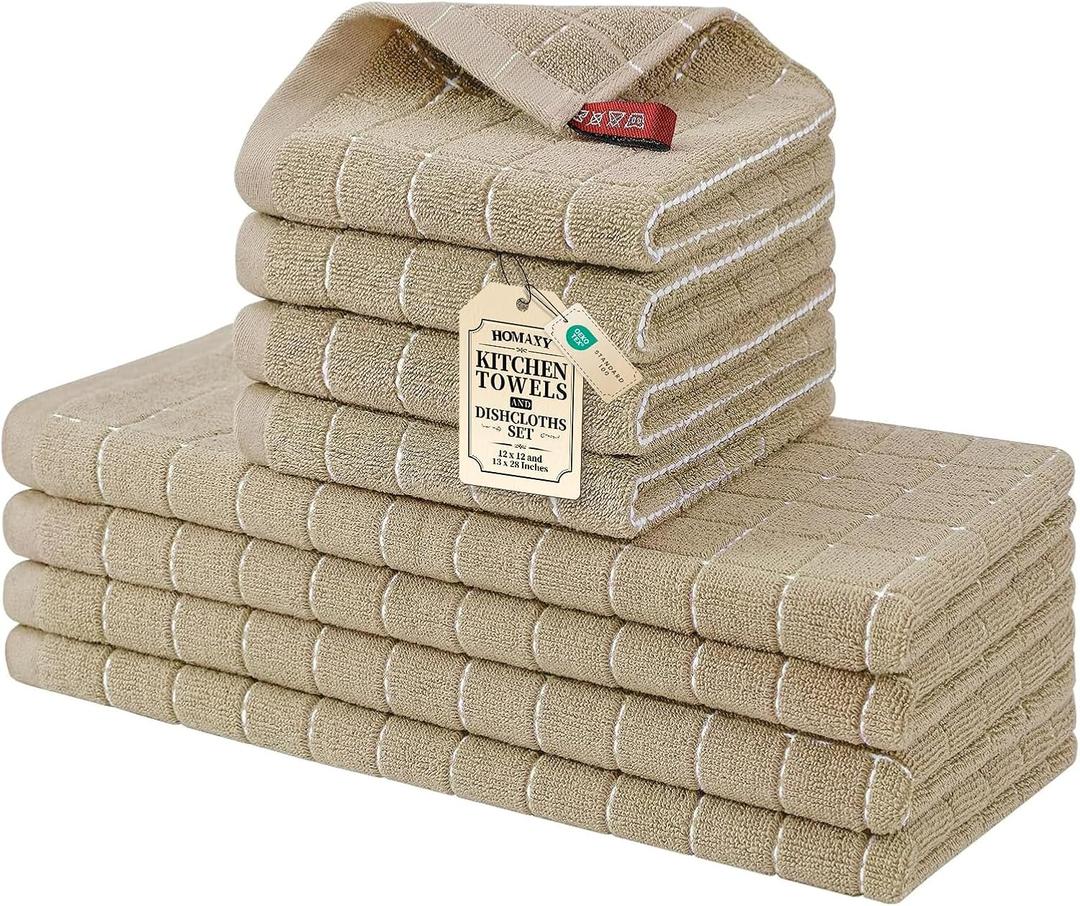 Homaxy Kitchen Towels and Dishcloths Set, 12 x 12 and 13 x 28 Inches, Set of 8 Bulk Cotton Terry Kitchen Towels Set, Checkered Designed, Soft and Super Absorbent Dish Towels, Tan
