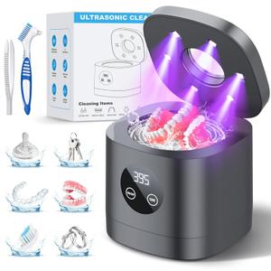 TEBAL Ultrasonic Retainer Cleaner Machine, 52kHz Ultrasonic Denture Cleaner for Night Guards, Braces, Toothbrush Heads, Jewelry and More, Ultrasonic Cleaner for Retainers with 250ML, Black-Grey