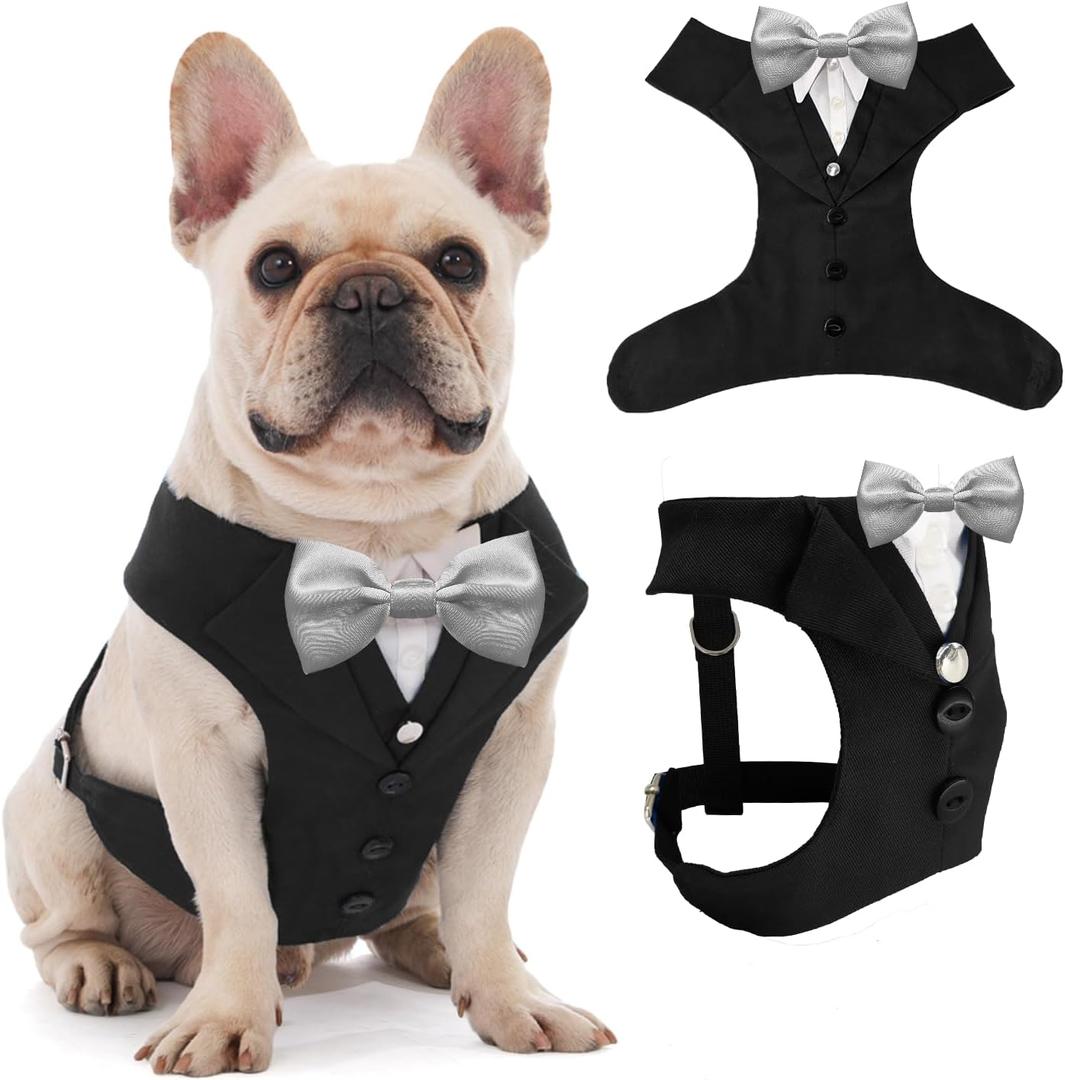 AVERYDAY Dog Tuxedo for Wedding Outfit, Dog Suit and Tie Costumes for Birthday, Halloween, Cosplay, Christmas Party, Pet Formal Wear with Bowtie, Tux forDogs, Bulldog, Labrador, Husky  Black Tux+Silver Tie, M (Chest 20.5-27.6 in)