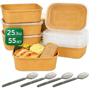 55 Pack 25 oz Disposable Paper Bowls with Lids Meal Prep Containers, 25.3oz 55 Sets