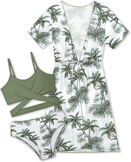 Girls Swimsuit 3 Piece Tropical Print Bikini Set Criss Cross Bathing Suit with Drawstring Quick Dry Cover Up 11-12Y Green Palm Tree