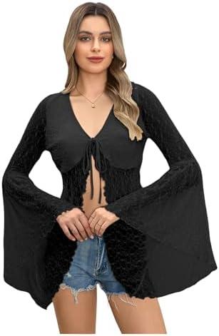 GORGLITTER Women's Lace Bell Long Sleeve Tops Tie Front Blouse Sheer Crop Top ( M )