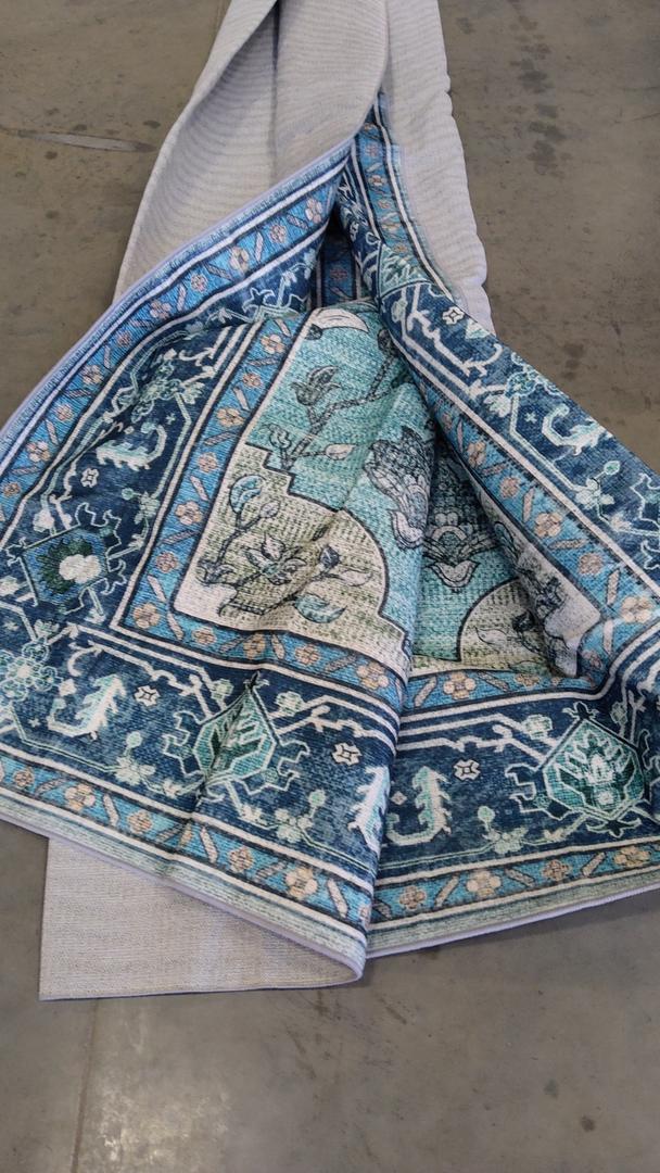 Area Rugs 8'x10' Washable Non-Slip, Floral Vintage Distress Print Pattern Medallion Carpet for Living Room Bedroom Dining Room, Teal Green Lake Blue