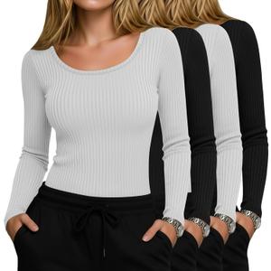 4 Pack Womens Underscrub Shirts, Ribbed Cotton Scrub Tops Long Sleeve Scoop Neck Tees Slim Fit Basic Layer Shirts (Medium, White, Black, White, Black)