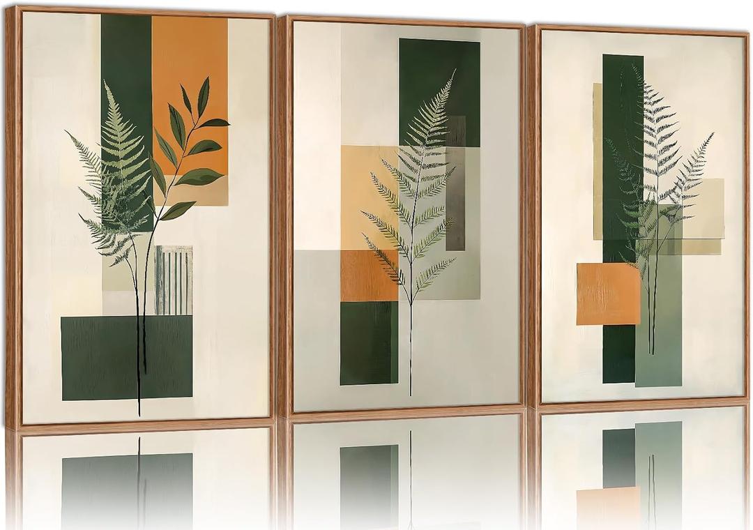 Yeehomedec Sage Green Fern Leaf Framed Canvas Wall Art, Boho Abstract Wall Decor, Rustic Neutral Modern Botanical Art Print, Beige Minimalist Plant Artwork for Living Room Bedroom Office Bathroom 16"x24"x3