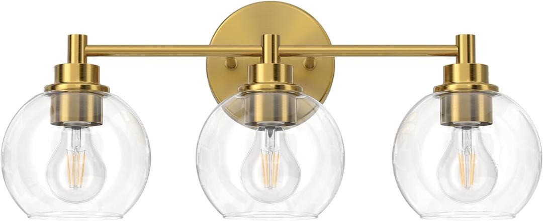VONLUCE Bathroom Light Fixtures, 3-Light Bathroom Vanity Light with Globe Glass Shades E26 Sockets, Vanity Lights Over Mirror for Bedroom Hallway Living Room, Gold Finish