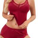 Sexy Pajama Set for Women Lace Trim V-Neck Sleepwear Cami Shorts Soft Lounge Sets (Medium, Burgundy)
