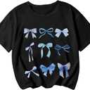 Girl's Bow Graphic Tees Crew Neck Short Sleeve Summer T Shirts Preppy Cute Clothes for Girls (Black, 11Y)
