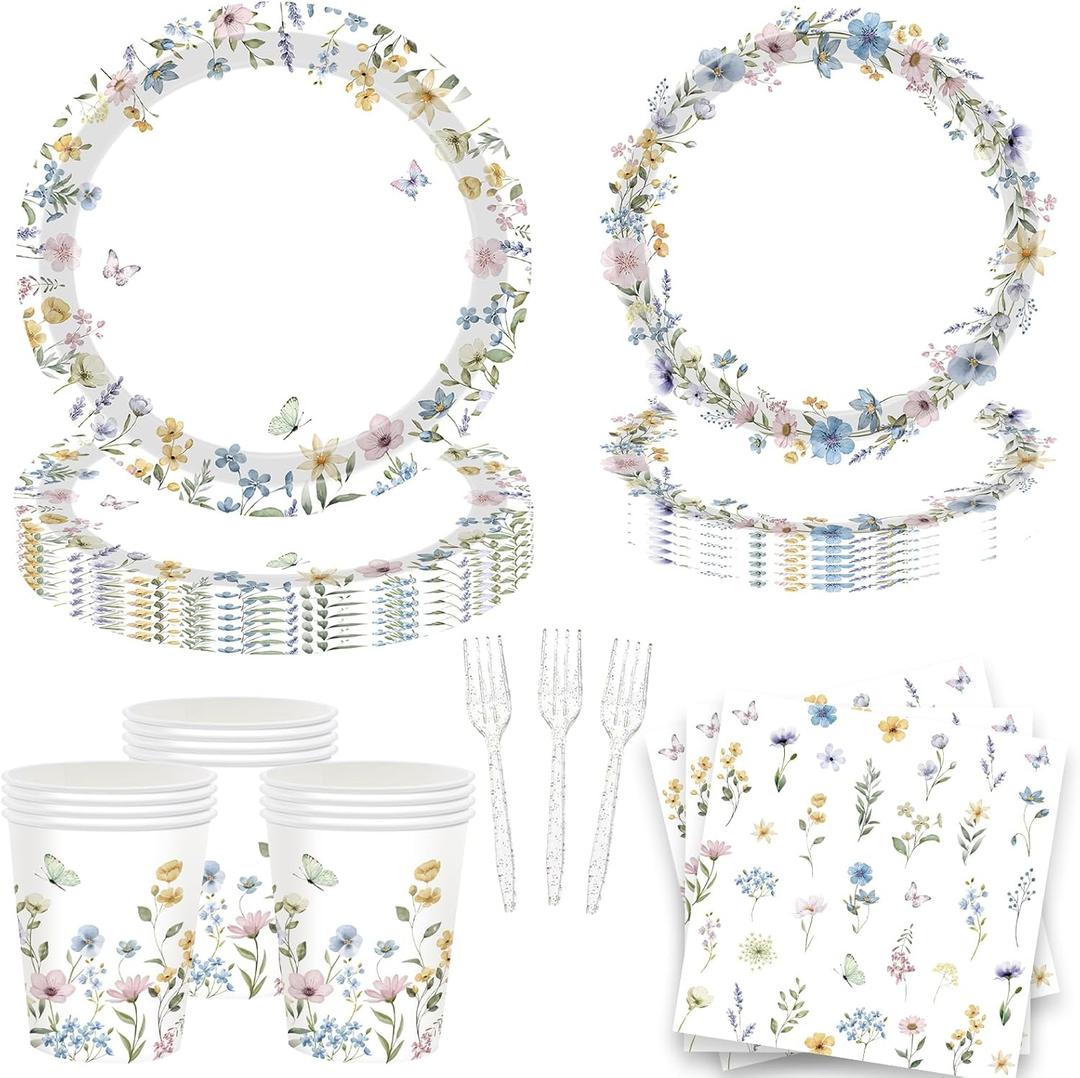 Wildflower Party Supplies Tableware- 9" & 7" Floral Themed Plates, Napkins, Cups & Forks for Baby Shower, Birthday, Bridal Shower, Engagement, Wedding Spring Tea Garden Party (Serves 24)
