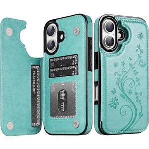 Korecase Compatible with iPhone 16 Butterfly Leather Holster Series Wallet Case with Card Holder Double Magnetic Clasp Back Flip Protective Cover Case for iPhone 16 6.1" -Mint Green