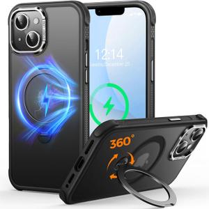 O3 Mag-Stand Designed for iPhone 13/14 Case with 360 Spin Stand, [Compatible with MagSafe][Super Skin Feeling] Translucent Matte Magnetic Slim Phone Case 6.1 inch, Matte Black