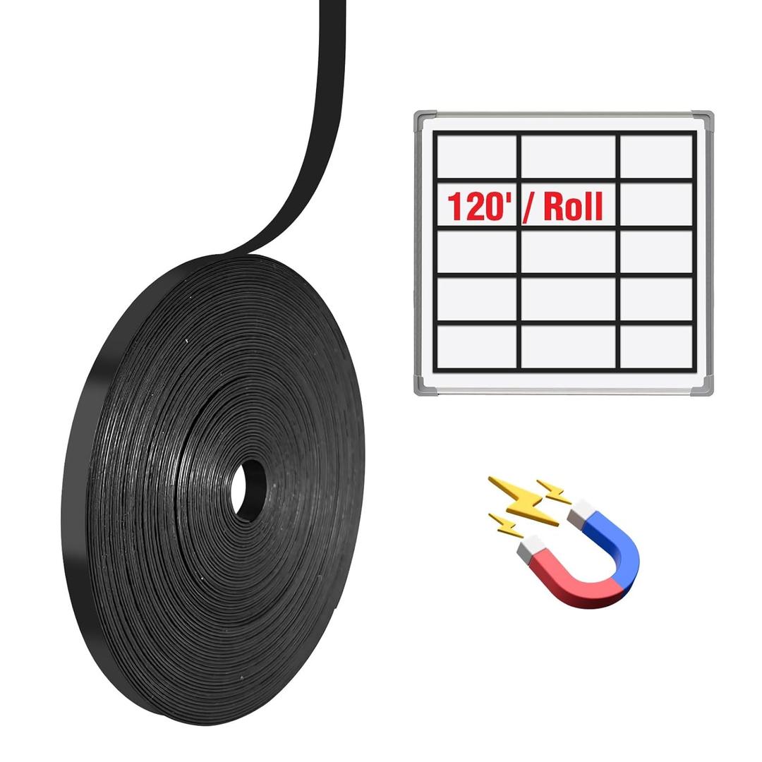 Magnetic Whiteboard Tape for Office,Fine Line Gridding Tape - 1/5 in x 40 yd x 24 mil, High Energy Thin Strip Magnets,Black 120 Feet