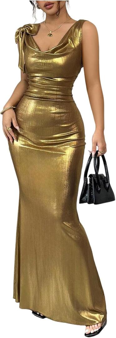SHENHE Women's Sexy Open Back Shiny Metallic Maxi Dress Cowl Neck Bow Bodycon Cocktail Party Dress (Gold), S