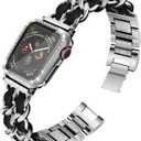 Mosonio Compatible for Apple Watch Band 38mm with Screen Protectors Case Women, Jewelry Bracelet Metal Bands with 2-Pack Bling Case Cover for 38mm iWatch Series 3 2 1(Silver Link with Black Leather)