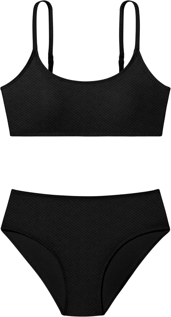 Girls Swimsuit V Neck Bikini Set Color Block with Cover Up 3Pcs Bathing Suits (Black)