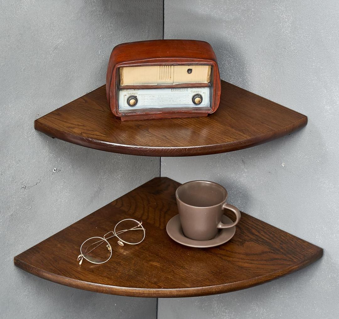 Corner Shelves, Floating Corner Shelf, Set of 2 16inch Solid Oak Wood Corner Wall Shelves, Round End with Wire Hole for Small Plant for Bedroom, Kitchen, Living Room (Walnut)