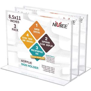 NIUBEE Acrylic Sign Holder 8.5x11 Inches 3 Pack Horizontal, T Shape Double Sided Clear Frames, Plastic Paper Flyer Display Holder, Document Menu Table Stand for Office, Store -Landscape