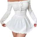 SOLY HUX Women's Off The Shoulder Babydoll Nightgown Tie Front Long Sleeve Knit Night Dress Sleepwear (L)