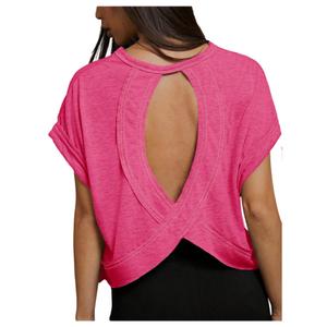 SOLY HUX Women's Plus Size Open Back Tops Criss Cross Cut Out Backless Tee Short Sleeve Summer T Shirt Solid HotPink X-Large Plus (Pink, XL)
