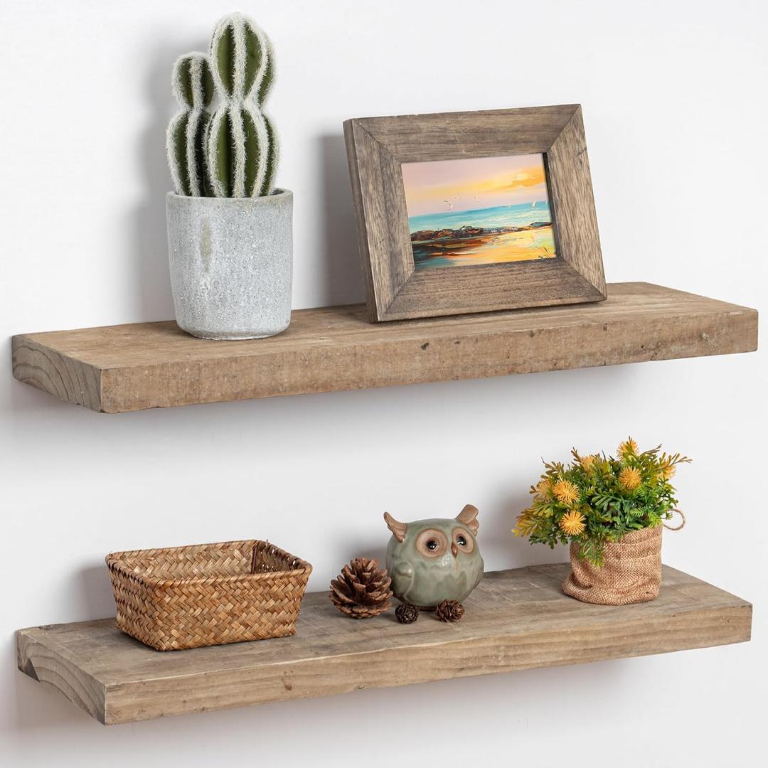 Floating Shelves, 8 Inch Deep Rustic Solid Reclaimed Wood Wall Shelves for Storage, Wall Mounted Display Shelving with Invisible Heavy-Duty Metal Bracket, 24 Inch Width Set of 2, Natural (24inches-2P, Distressed Natural)