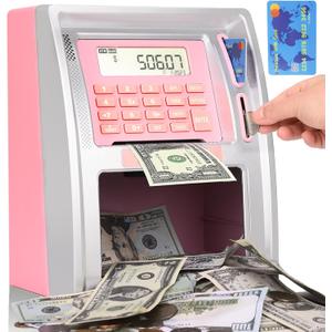 BKstar Kids Talking ATM Piggy Bank for Real Money with Dual Debit Cards, Power-Off Memory, Auto-Opening Drawer, Onekey Shutdown, Bill Feeder, Coin Recognition, Balance Calculator Machine (Pink)