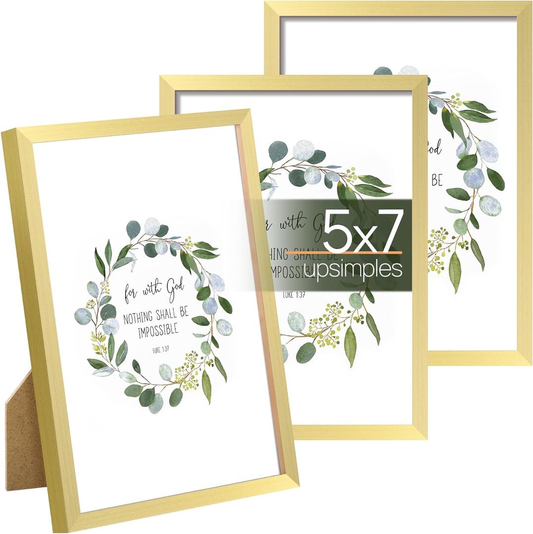 upsimples 5x7 Picture Frame Set of 3, Made of High Definition Glass for 5 x 7 Gold Frames, Wall and Tabletop Display Thin Border Photo Frame for Home 
Décor