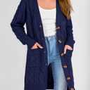 PRETTYGARDEN Long Sleeve Cable Knit Long Cardigan for Women 2026 Spring Winter Chunky Open Front Button Sweaters with Pockets (Blue, XL)