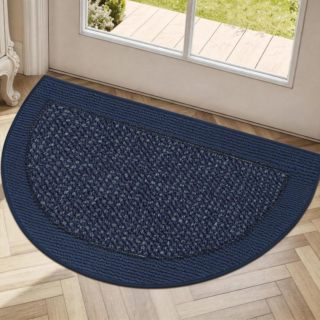Half Circle Door Mat Indoor Entrance Welcome, Non-Slip Washable Doormat, Trap Dirt and Moisture, Low Profile Mats for Indoor Entry, 17"x30", Blue
