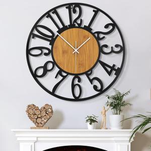 Large Wall Clock for Living Room Decor, 14 Inch Non Ticking Silent, Battery Operated Modern Vintage Oversized Wall Clock for Bedroom Kitchen (Light Brown - Arabic Numbers)