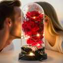 2 x 3 Blossoms Artificial Roses in Clear Dome with LED Lights Mother's Day Decorations - Preserved Flowers Fake Roses for Wedding Candlelight Dinner Anniversary