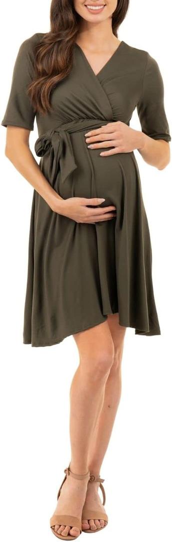 Mother Bee Maternity Knee Length Wrap Dress with Adjustable Belt (Green, L)