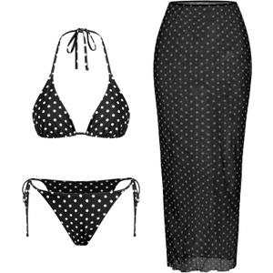 ZAFUL Womens 3pcs Swimsuit Floral Halter Triangle Bikini Top Tie Side Bottom with Long Sheer Cover Up Skirt (Black, M)