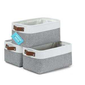 OrganiHaus Small Fabric Storage Baskets for Shelves 3 Pack, 12x08in Closet Storage Bins for Shelves, Canvas Baskets for Organizing, Linen Closet Organizers, Cloth Basket, Gray/Off-White