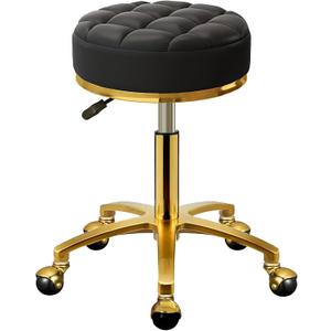 Rolling Stool Gold Vanity Stool with Wheels, Pedicure Massage Roller Stools, PU Leather Round Swivel Salon Spa Chair, Titanium Gold Base, Height Adjustable 43-55 cm (Black)