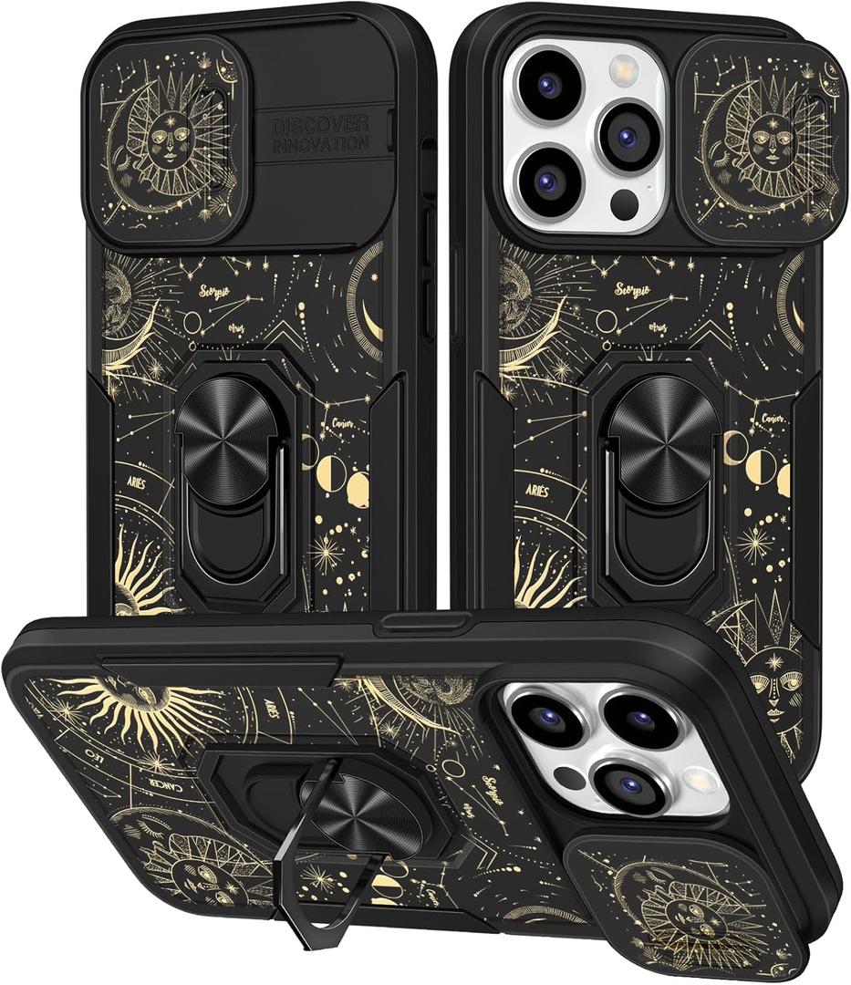 for iPhone 15 Pro Max Case - with Slide Camera Cover & Stand for Women Girls, Witchy Astrology Sun Moon Cute Design Shockproof Phone Cover for Apple 15 Pro Max 6.7"