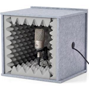 Pushglossy Desktop Soundproof Cover Portable Vocal Recording Booth Vocal Microphone Isolation Booth Cube for Music Studio Podcasts Decreasing Noise Home(Gray, 14.17 x 14.17 x 14.17 Inch, Holes)
