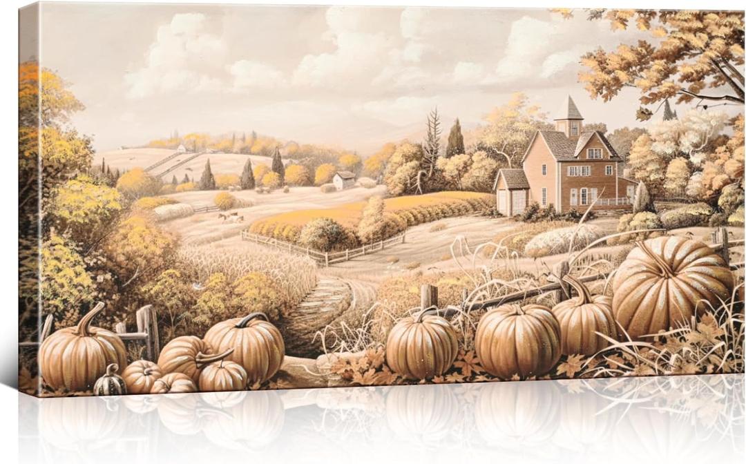 DRLWGTY Large Wall Decor for Living Room Framed Wall Art for Bedroom, Autumn Farm Canvas Wall Art with Pumpkins, Hand-Embellished with Glitter Rustic Vintage Landscape 20"X40"