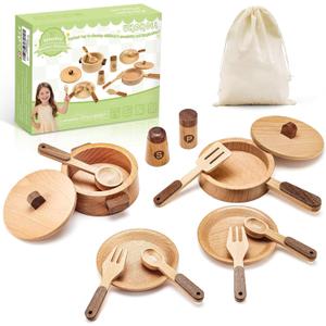 WHOHOLL Wooden Play Cooking Set with Plates and Dishes, Kitchen Toys for Kids 3 4 5 6, Montessori Play Kitchen Accessories Including Pots and Pans, Christmas Birthday Gifts for Girls Boys (Large)