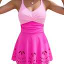 Womens Tankini Swimsuits Tummy Control Bathing Suit Twist Front Cutout Swim Dress with Bikini Bottoms (Large, Pink/Hot Pink)